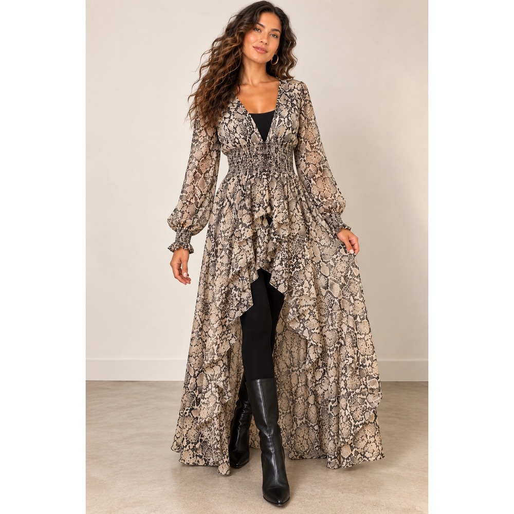 Live 4 Truth Snakeskin Print High Low Maxi Dress Smocked Waist Boho Duster